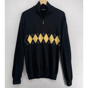 BARBOUR Sweater Mens XL Argyle Jacquard 1/2 Zip Jumper Pullover Cotton Black